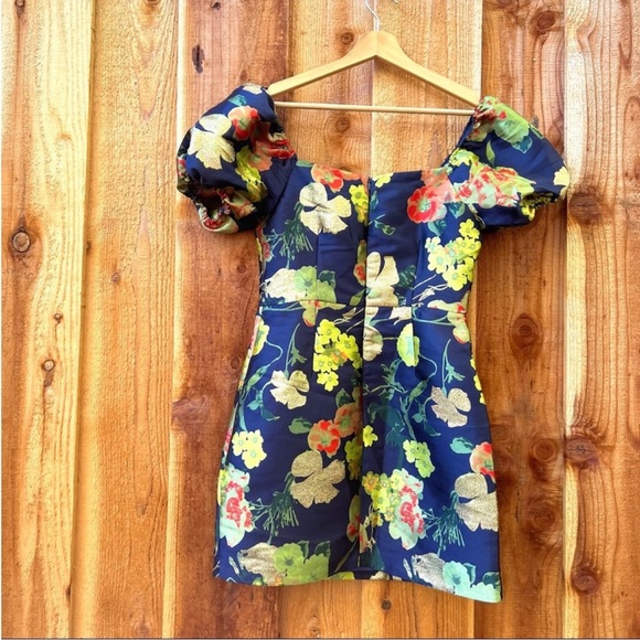 Navy Blue and Green Multi Floral Jacquard Puff Sleeve Mini Dress 🌿 - Picture 6 of 11